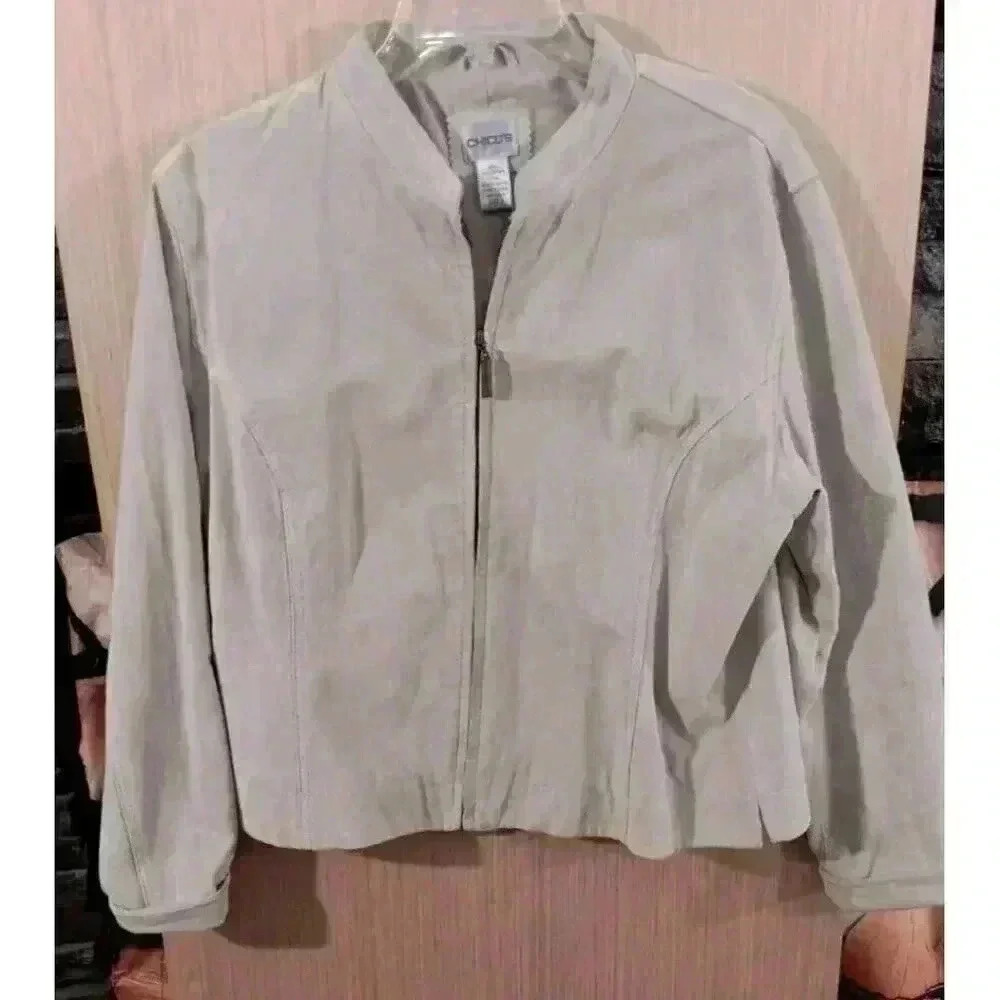CHICO'S (2 -M) Women's Suede Leather Jacket Cream Color Full Zip Front Poly Crop